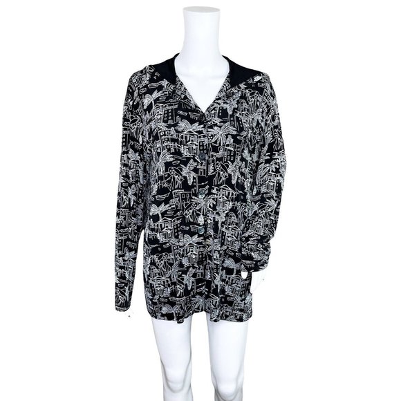 Chico's Travelers Black White Tropical Button Up Hoodie Cardigan Jacket 2 Large - Picture 1 of 7